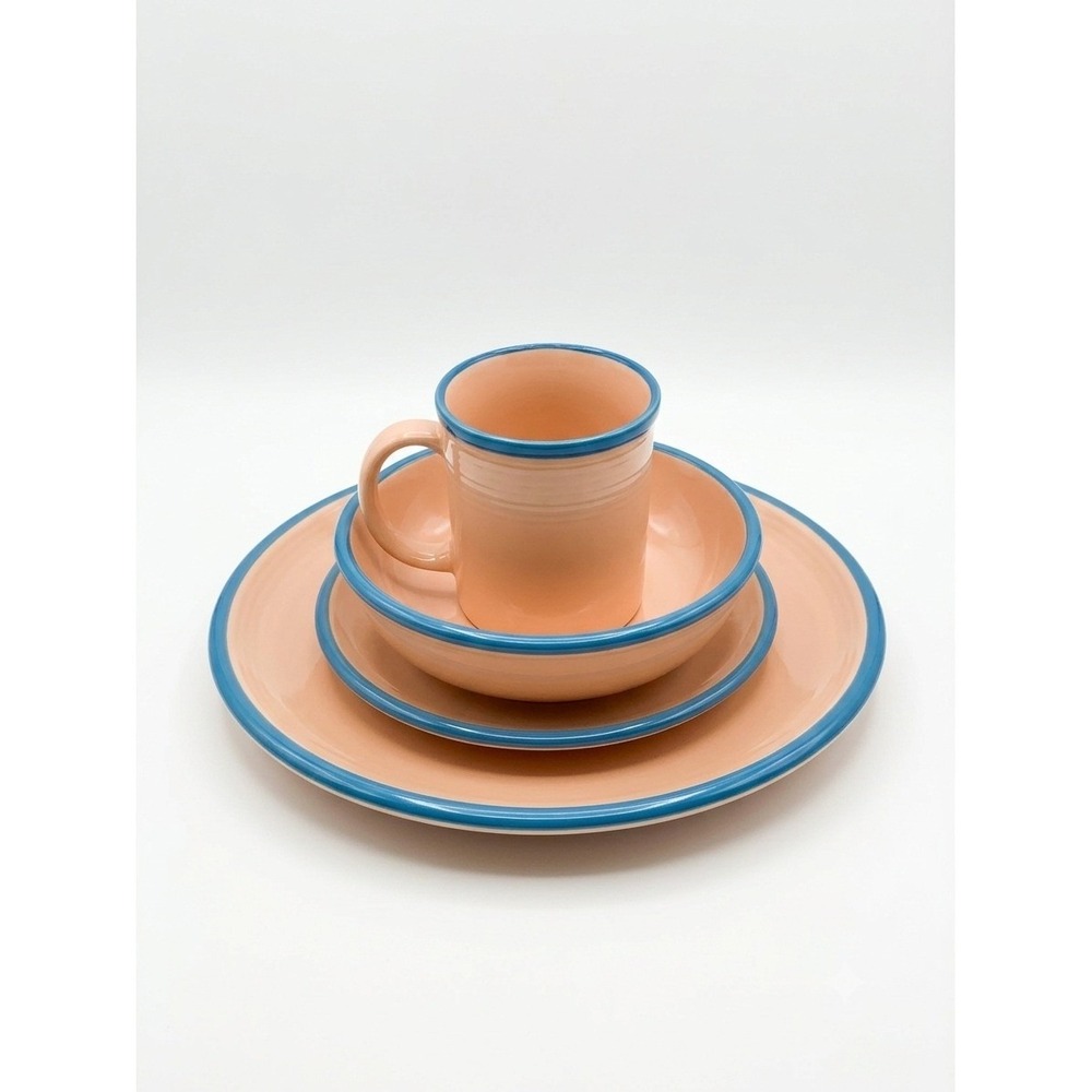 Vintage Rio Stoneware Japan 4 Pc Place Setting Pink Blue Rim MCM Plates Mug Bowl - Picture 3 of 4